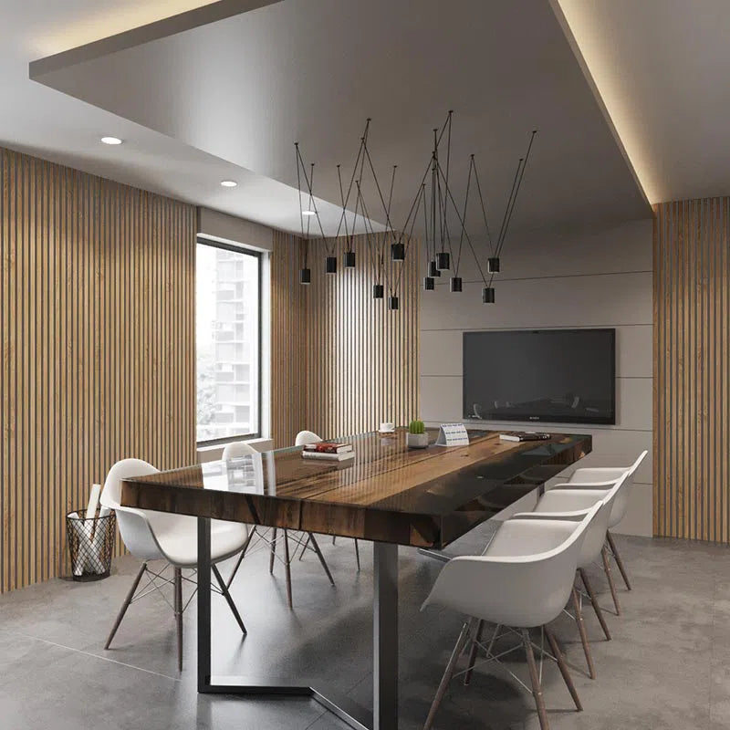 Natural Oak - Grey Acoustic Wood Slat Wall Panel in dining room interior DecorMania UK